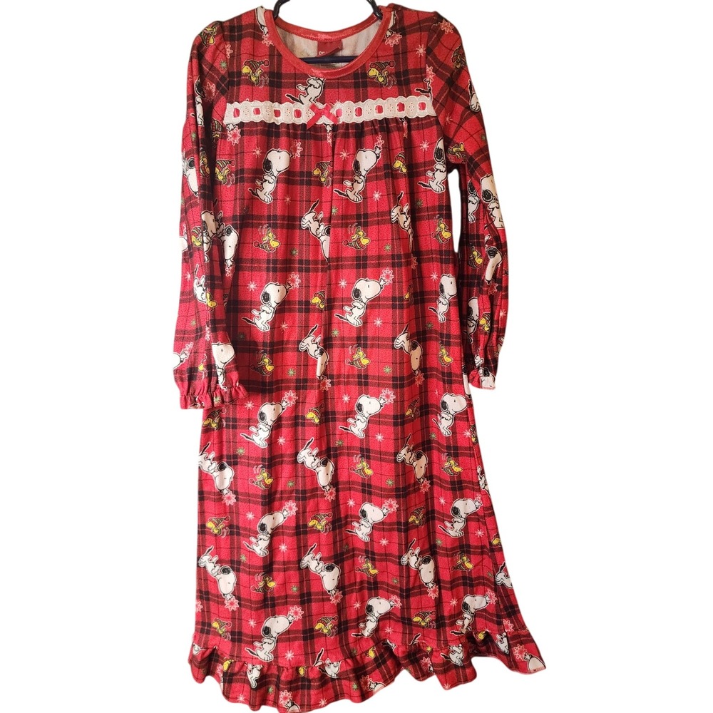 Peanuts Snoopy Christmas Plaid Nightgown Red Girls Small S/P Holiday Pajamas Sz6